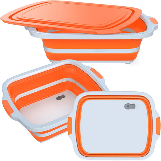 2-Pack XL Collapsible BBQ Prep Tub with Built-In Cutting Board, Lid & Strainer – Marinate, Drain & Prep – Large Food-Safe Container – Perfect for Grilling, Smoking & Outdoor Cooking