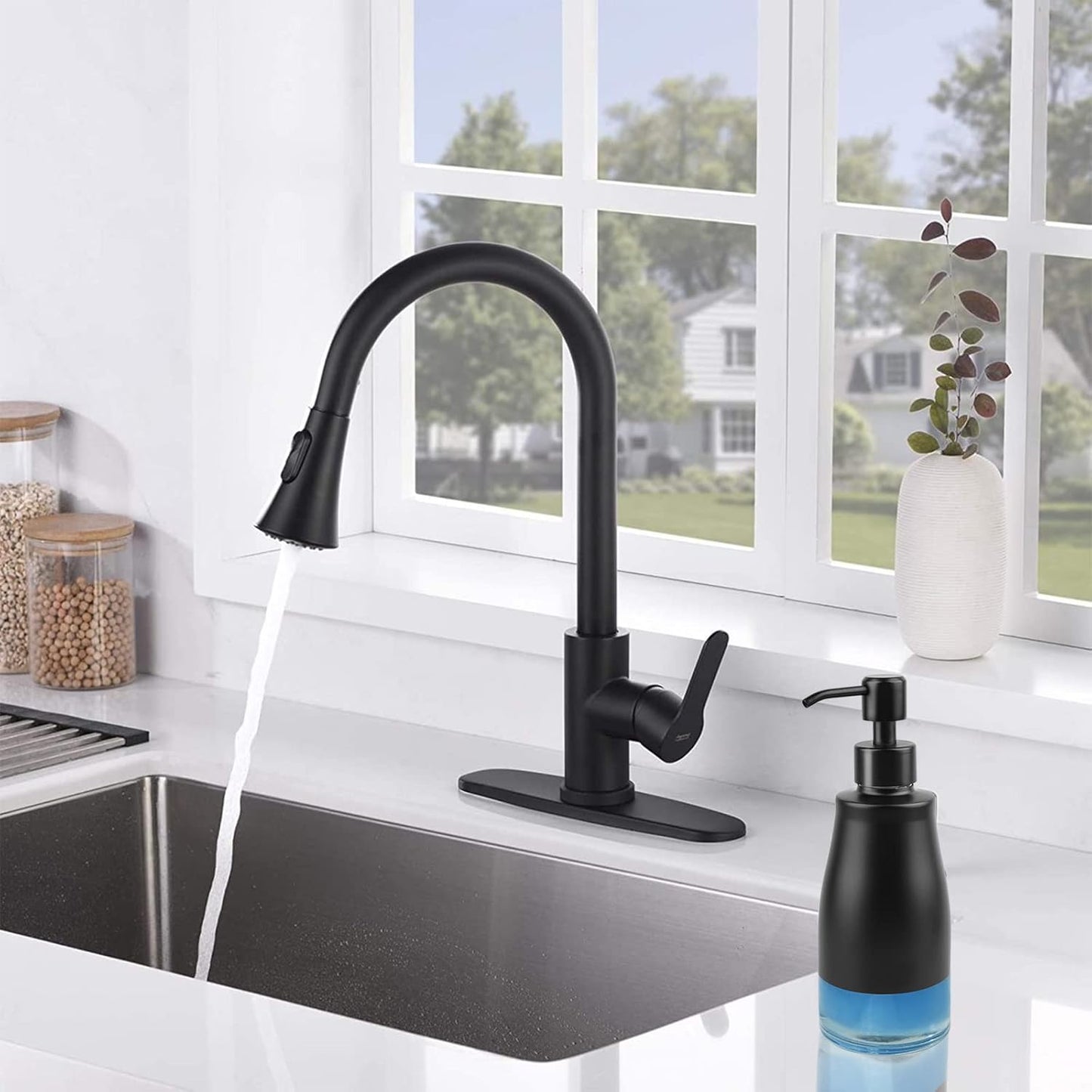 Dish Soap Dispenser with Stickers, 2 Pack Kitchen Dish Refillable Liquid Dispensers, Stainless Steel Case Glass Liner Soap Dispenser for Bathroom Kitchen, Matte Black (10 OZ./ 300ML)