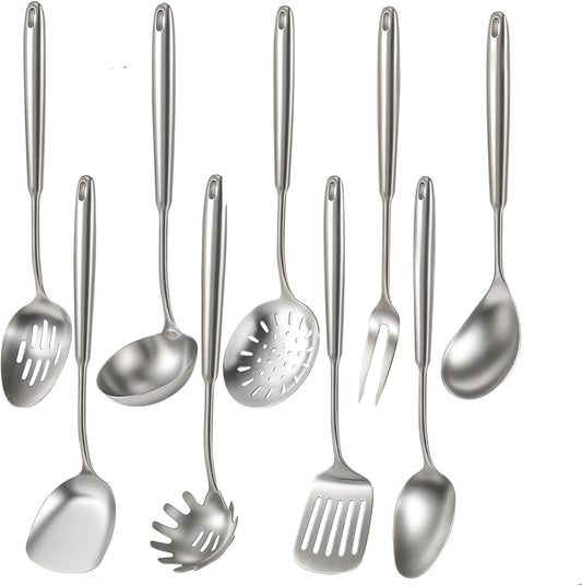 Newness 9 Pcs Cooking Utensils Set, 304 Stainless Steel Kitchen Utensils Set, Metal Kitchen Accessories, Include Soup Ladle, Slotted Skimmer Spoon, Spaghetti Spoon and Spatula, Dishwasher Safe