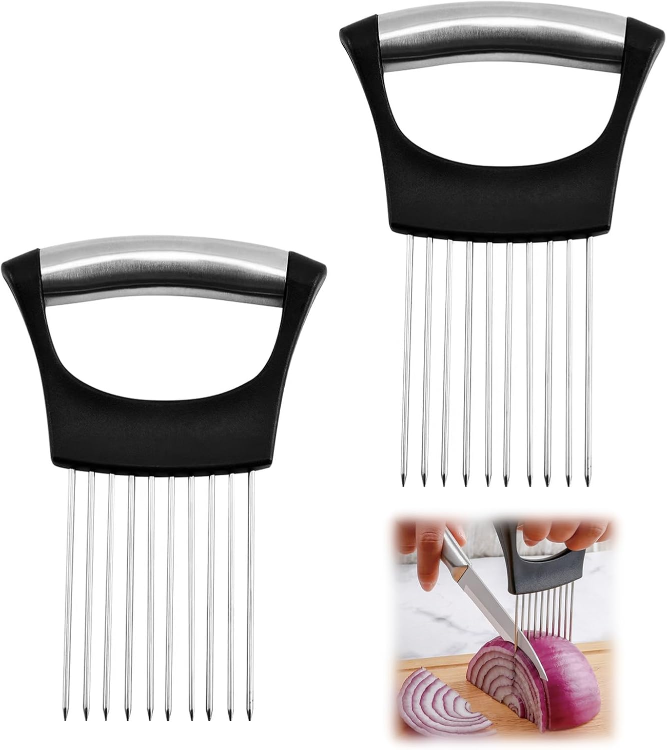 Stainless Steel Onion Slicer Holder, Onion Holder for Slicing & Onion Cutter, Tomato Slicer for Vegetables (Onions, Tomatoes, Potatoes, Avocados, Eggs), Kitchen Slicing Assistant Tool (A-2 PCS)