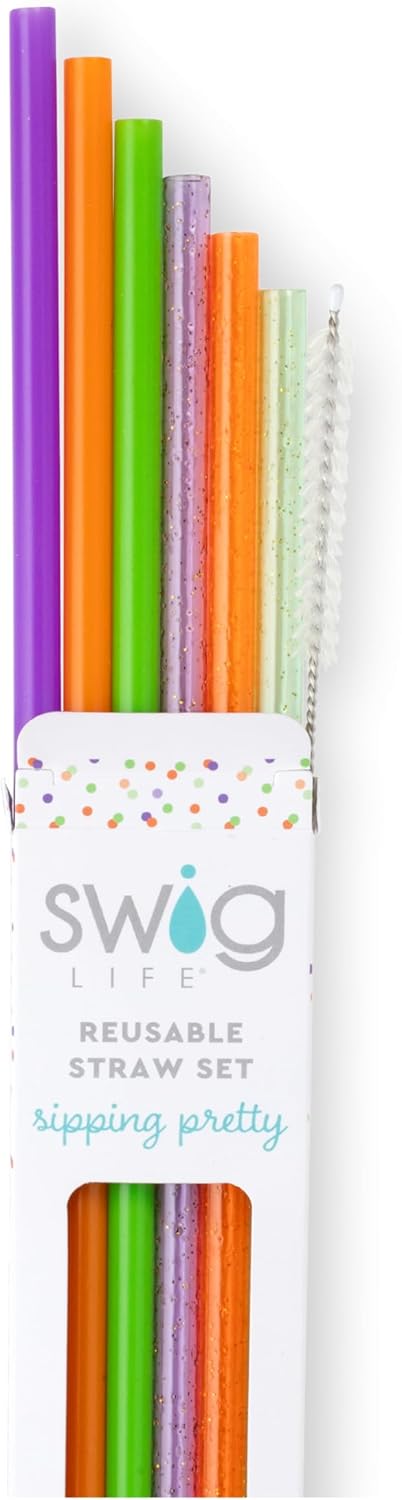 Swig Life Reusable Straws Halloween Glitter Tall Straw Set & Cleaning Brush, Each Straw is 10.25 inch Long (Fits Swig Life 20oz Tumblers, 22oz, and 32oz Tumblers)