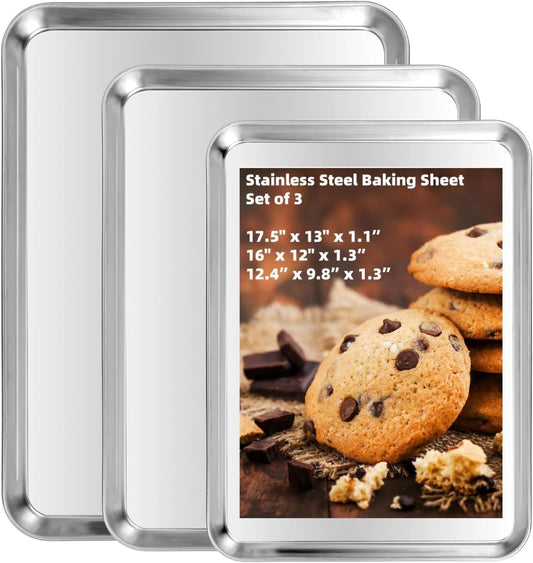 Baking Sheet Set of 3, Heavy-Duty Stainless-Steel Baking Pans, Cookie Sheets Cooking Trays for Oven, 3 Different Sizes (12/16/17.5 Inch)