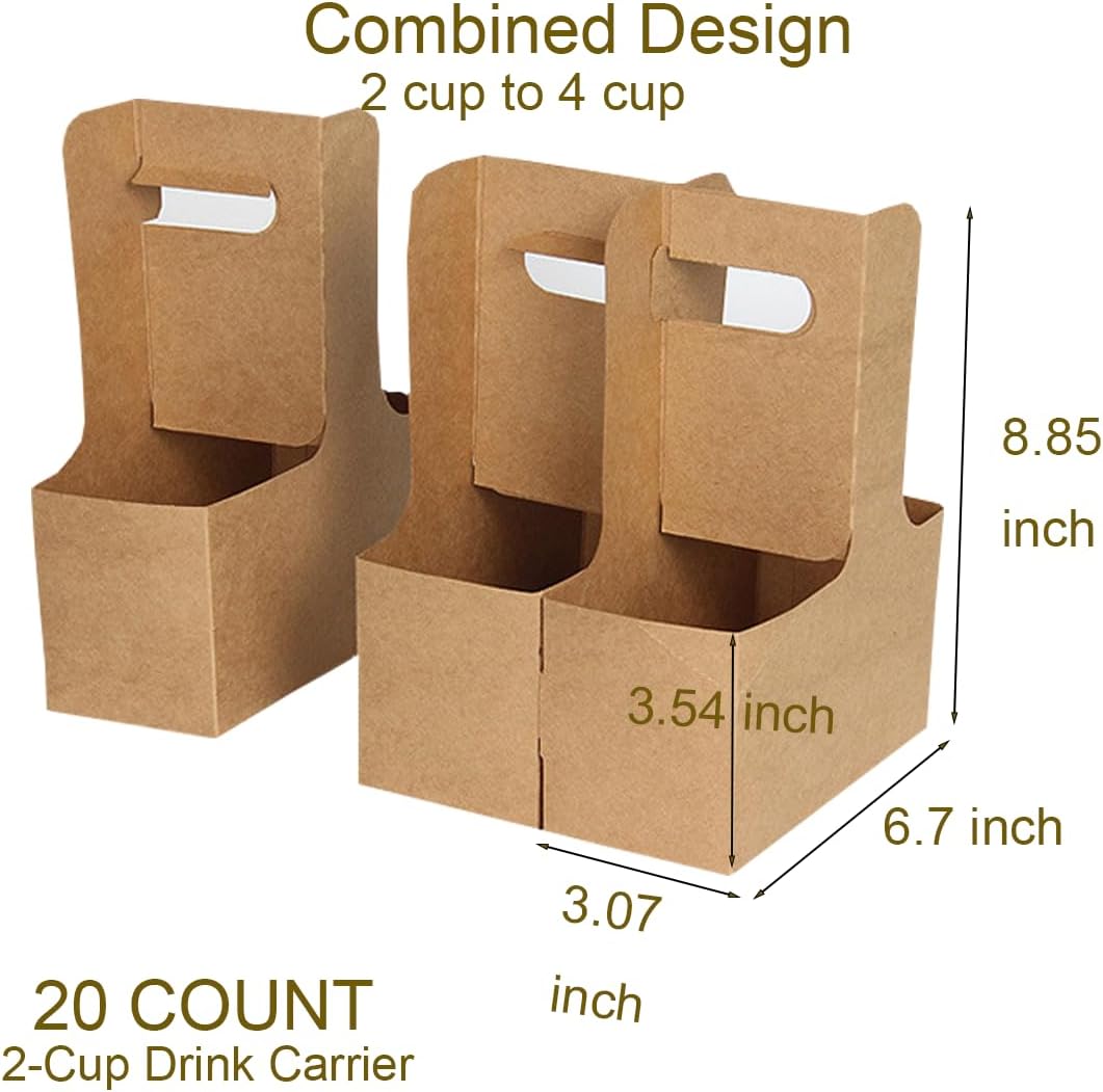 2-Cup Drink Carrier with Handle Kraft Paperboard Handled Coffee Cup Holder Take Out Cup Cup Carriers 20 Count