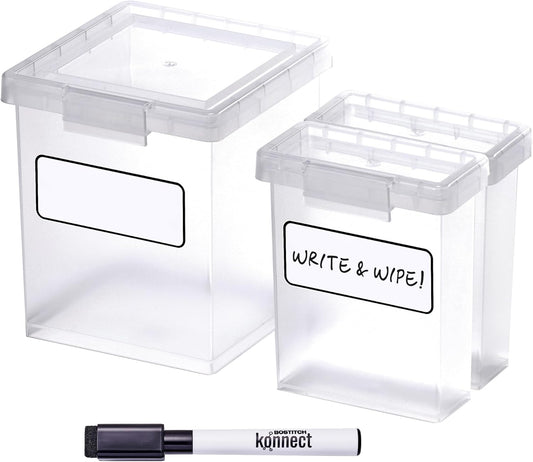 Bostitch Konnect Storage Containers with Lids, Organizer, Clear Plastic Box, Stackable Nesting Bins, 3-Piece Bundle, 1 Medium, 2 Small