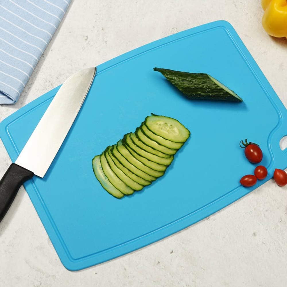 Thick Silicone Cutting Board 12.6'' x 9.1'' Foldable & Flexible Design Juice Grooves Easy Grip Handle Dishwasher Safe-Blue