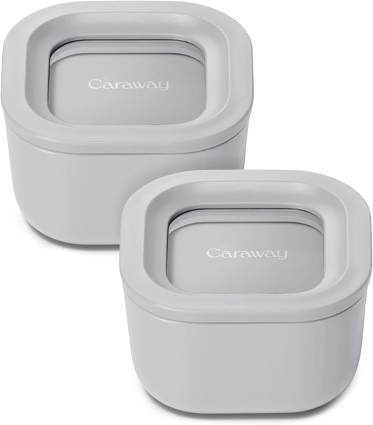 Caraway 2pc Glass Food Storage Set - 1.75 Cup Food Containers (2) - Non-Toxic Ceramic-Coated Glass - Air Release Technology - Compact & Stackable Design - Gray