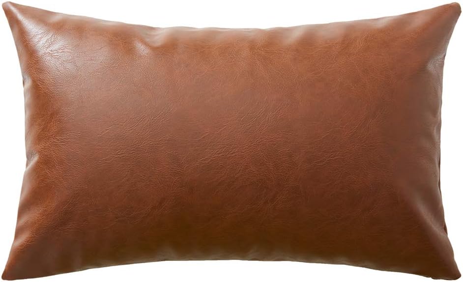 Fancy Homi Brown Boho Lumbar Faux Leather Decorative Throw Pillow Covers 14x24 Inch for Living Room Couch Bed Sofa, Solid Rectangle Cushion Case 35x60 cm, Rustic Modern Farmhouse Home Decor