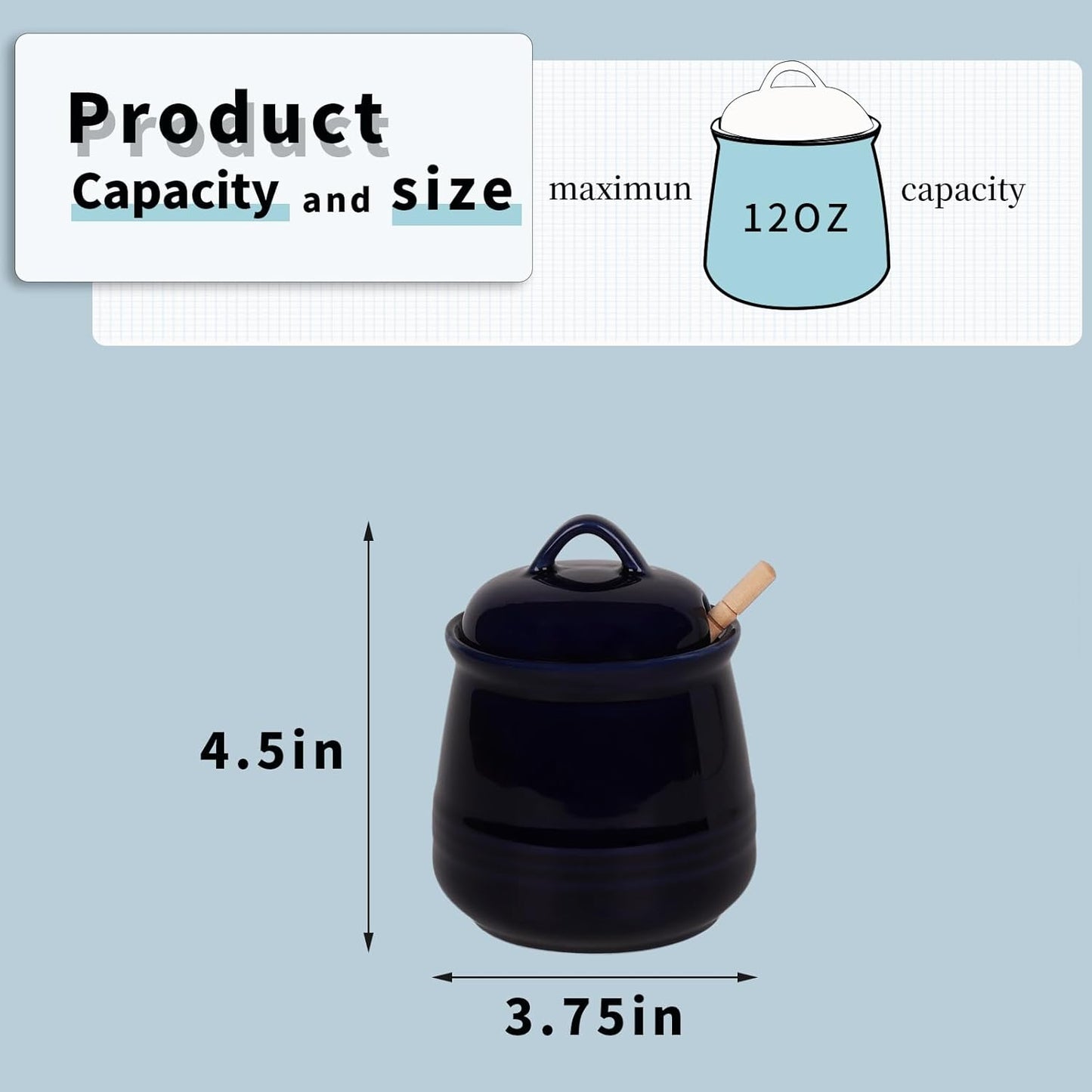 HAOTOP Ceramic Honey pot with Lid and Honey Dipper,Porcelain Honey Jar Easy to Clean and Dishwasher Safe,12oz (Navy)