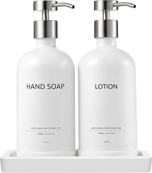 Glass Kitchen Soap Dispenser Set with Ceramic Tray,16.9 floz Hand and Dish Soap Dispenser for Kitchen and Bathroom Decor (White + Silver(Lotion))