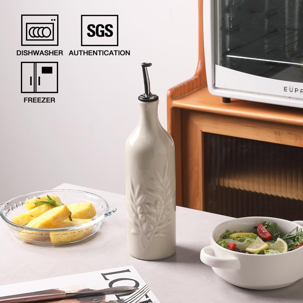 Sweejar Large Ceramic Olive Oil Dispenser Bottle, 24 Oz Relief Opaque Oil Cruet Protects Oil To Reduce Oxidation, Storage Vinegar, Soy Sauce, Coffee Syrup, Liquids, Set of 1 (Beige)