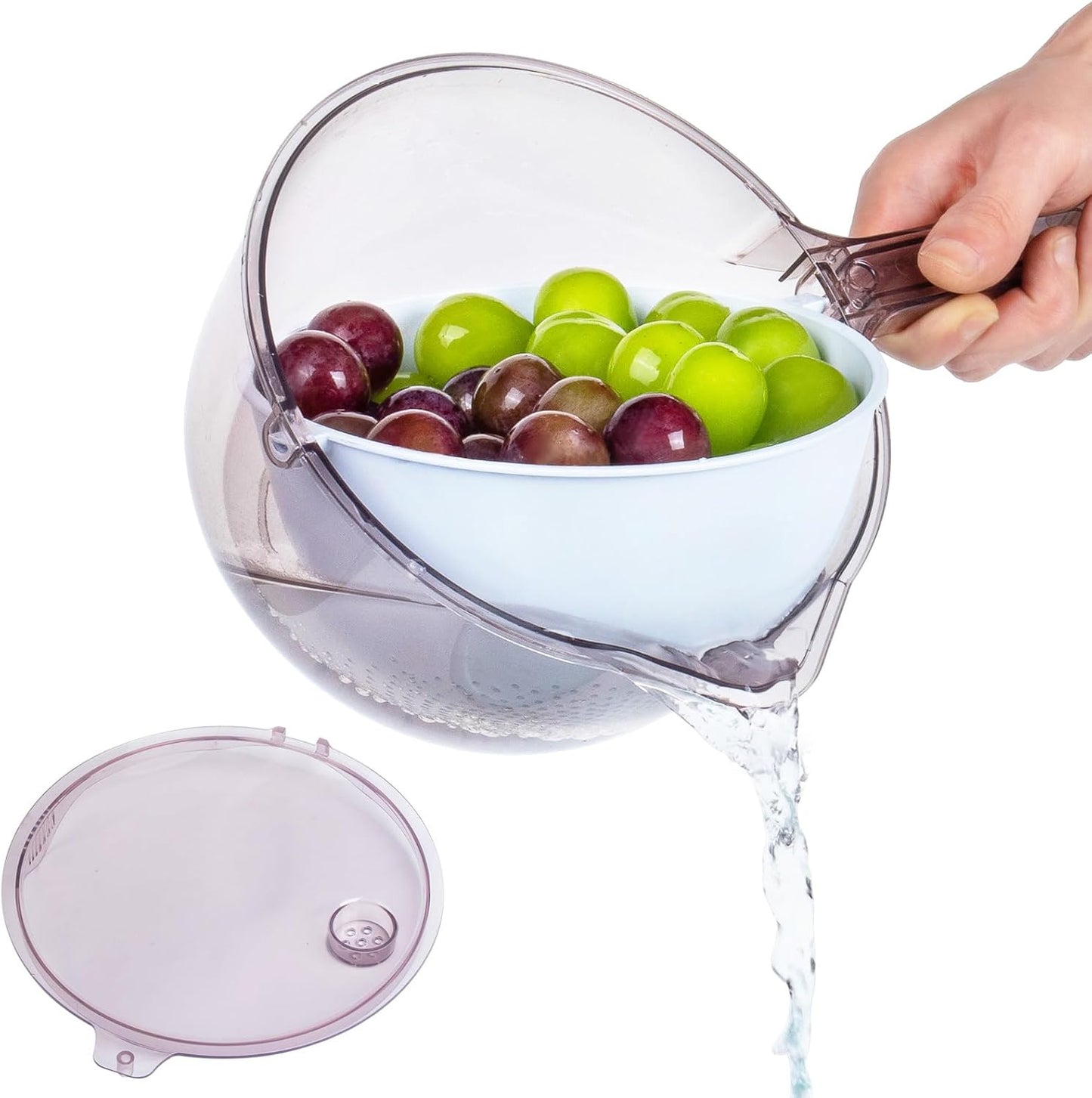 3-in-1 Kitchen Tool: Works as Rice Strainer, Fruit Washing Bowl with Strainer, Water Scoop. PET+PP Material, Rotatable Inner Basket for Easy Draining, Ideal for Rinsing Rice, Washing Fruits/Veggies.
