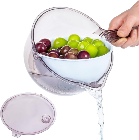 3-in-1 Kitchen Tool: Works as Rice Strainer, Fruit Washing Bowl with Strainer, Water Scoop. PET+PP Material, Rotatable Inner Basket for Easy Draining, Ideal for Rinsing Rice, Washing Fruits/Veggies.