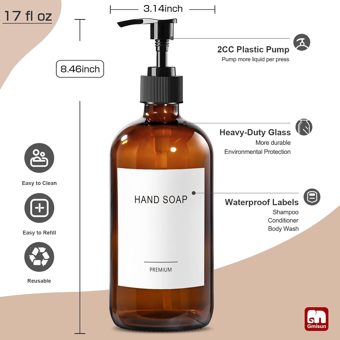 GMISUN Amber Glass Soap Dispenser, 2 Pack Bathroom Hand Soap Dispensers with Stainless Steel Pump, 17 Fl Oz Kitchen Hand and Dish Soap Dispenser Set, Modern Vintage Liquid Brown Soap Dispensers Bottle