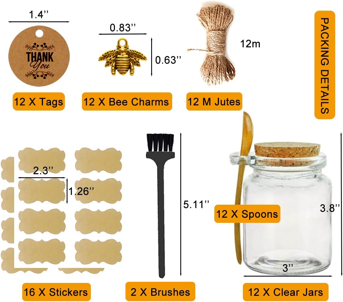 Ahhute Glass Sugar Scrubs Jars, Bath Salt Container 8oz, Salt Cellar with Spoon, Honey Scrubs Jars w/Lids, Labels and Cleaning Brush, Set of 12