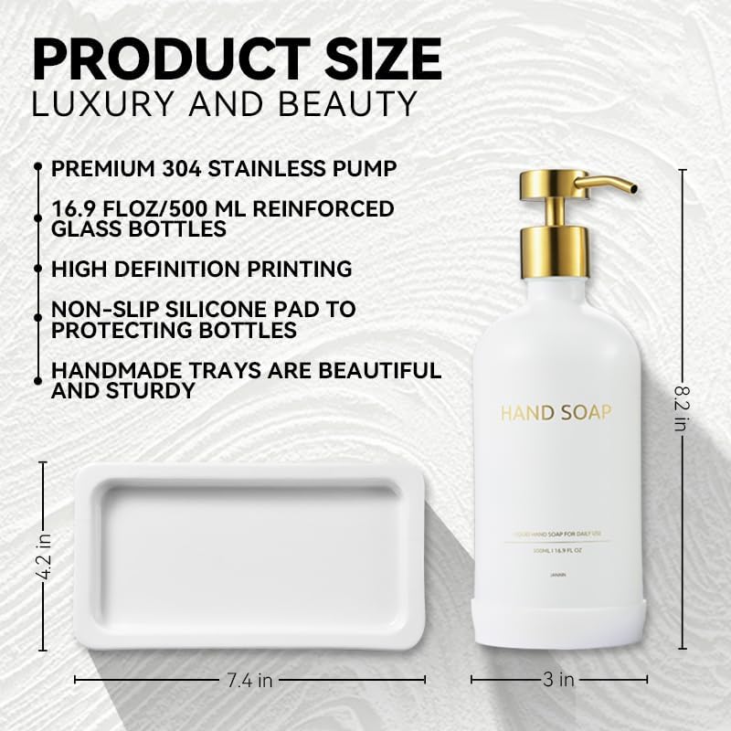 Glass Kitchen Soap Dispenser Set with Ceramic Tray,16.9 floz Hand and Dish Soap Dispenser for Kitchen and Bathroom Decor (White + Gold(Lotion))