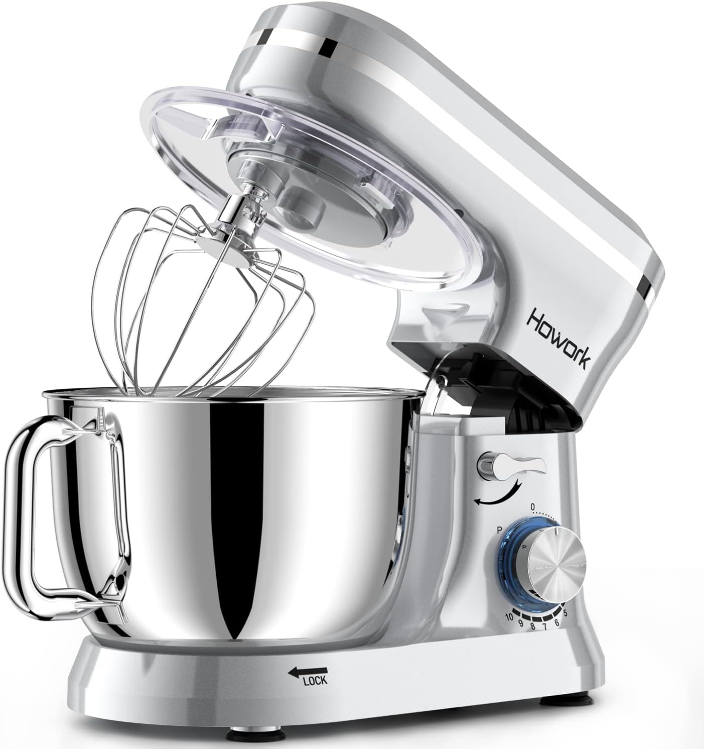HOWORK Electric Stand Mixer,10+p Speeds With 6.5QT Stainless Steel Bowl,Dough Hook, Wire Whip & Beater,for Most Home Cooks,Silver