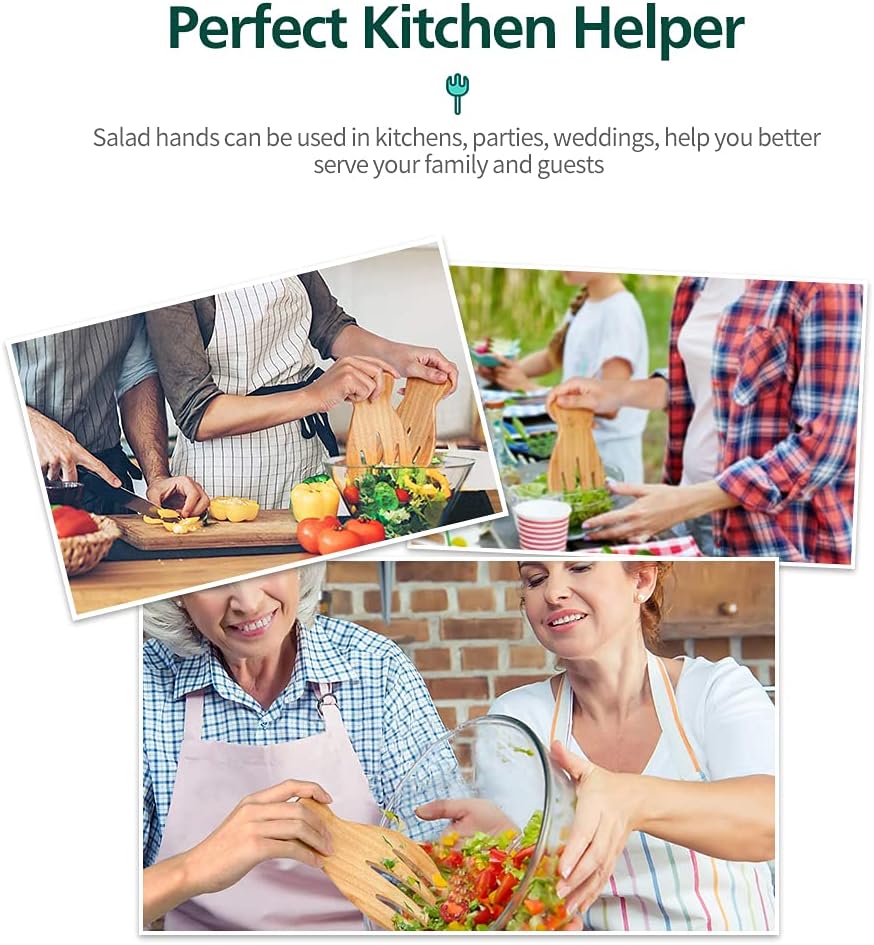 Bamboo Salad Hands, 2pcs 7.1in Bamboo Salad Server, Bamboo Kitchen Helper With Smooth Surface by Hand Grinding, Salad Claws Set for Serving Salad, Pasta, Fruit on Your Kitchen (2pcs Salad Hand)