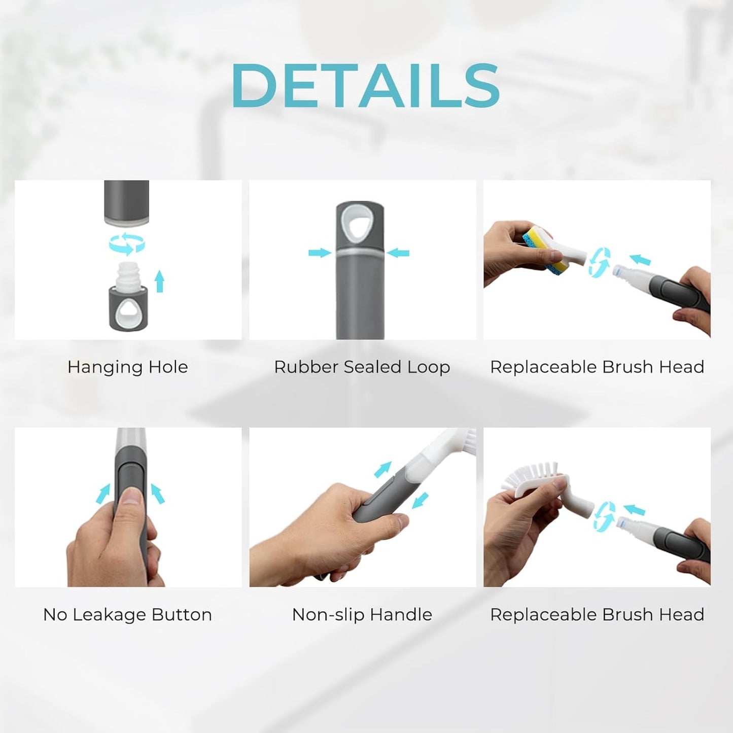 Dish Brush with soap Dispenser，4 PCS Replacement Brush Refills dishwashing Brush Set for Kitchen Utensils, Pans, Sinks, cookware