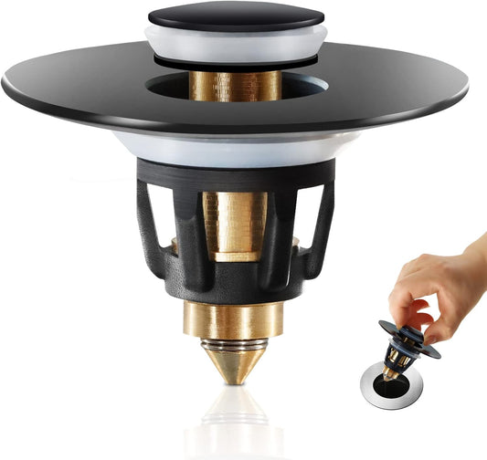 Black Bathroom Sink Stopper，Pop Up Drain Stopper for Bathroom Sink，Bathroom Sink Strainer ，Sink Plug,Universal Wash Basin Sink Stopper，Suitable for 1.1~1.5 Inch Bathroom Sink Drain Pipe (Matte Black)