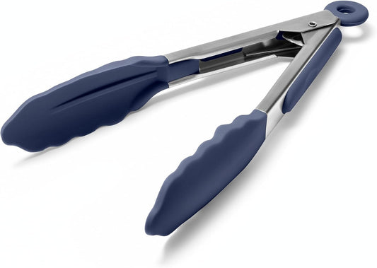 Doosu Kitchen Tongs for Cooking - 600°F Heat Resistant Food Tong with Non-Scratch Silicone Tips, Heavy Duty Stainless Steel Locking Tong for BBQ, Grilling Steak, Serving Salad Pasta (7in, Navy Blue)