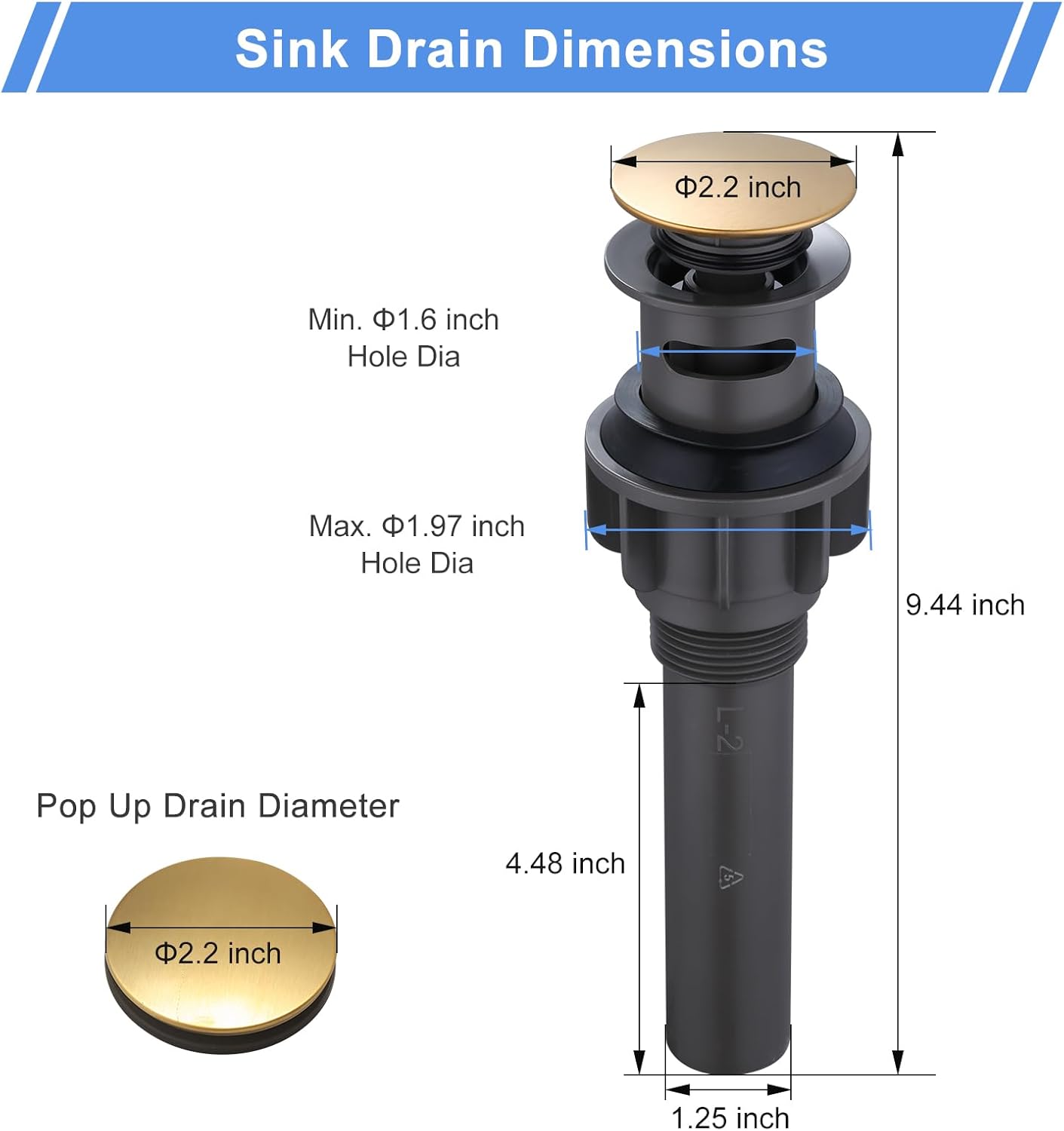 ARCORA Bathroom Sink Drain with Overflow 2 Pack, Brushed Gold Pop Up Drain Stopper Vanity Vessel Sink Clicker Drain Stopper