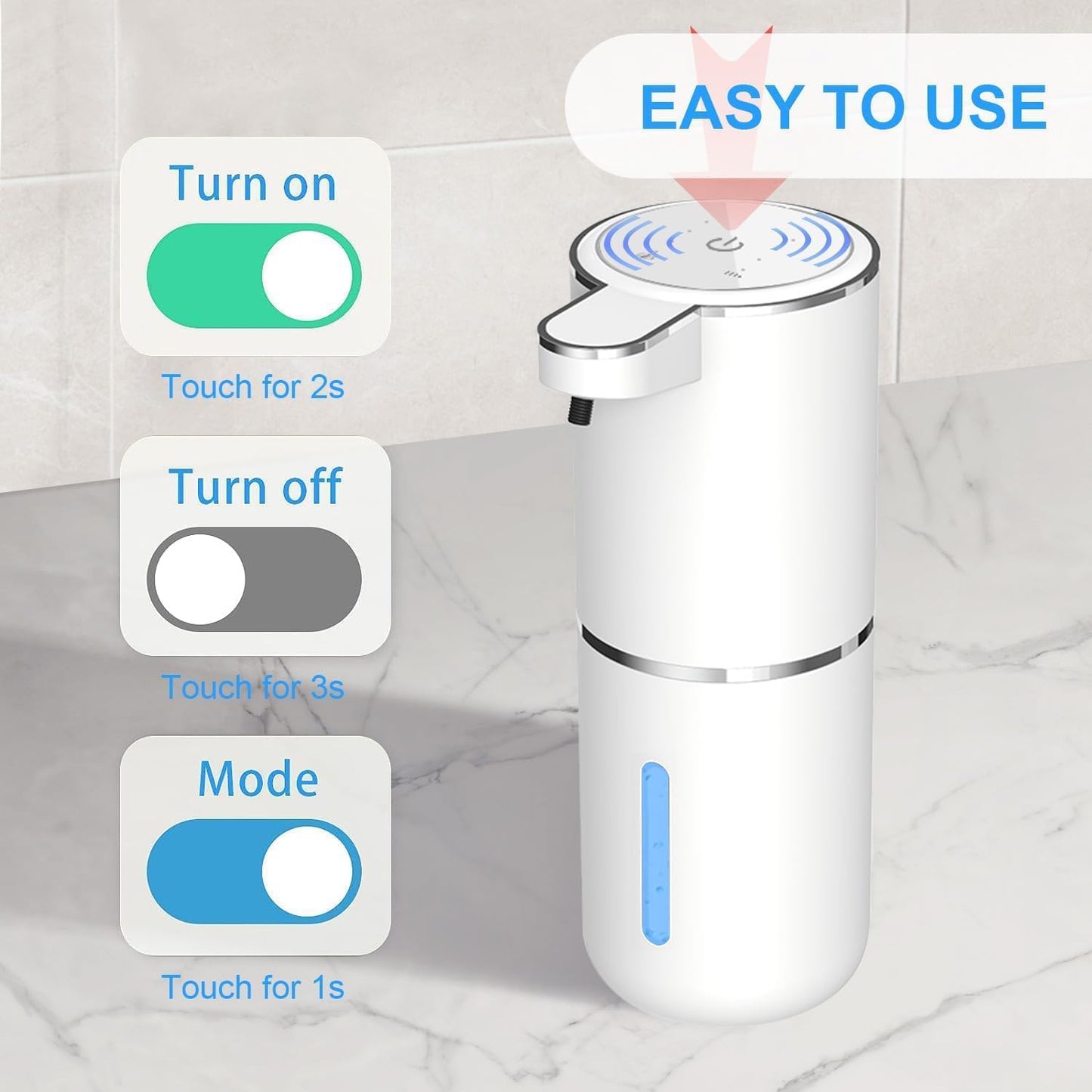Automatic Foaming Soap Dispenser - Hand Free Pump Touchless Soap Dispenser Electric Dispenser with 380ml, USB Rechargeable 4levels Adjustable Dispenser for Bathroom Kitchen