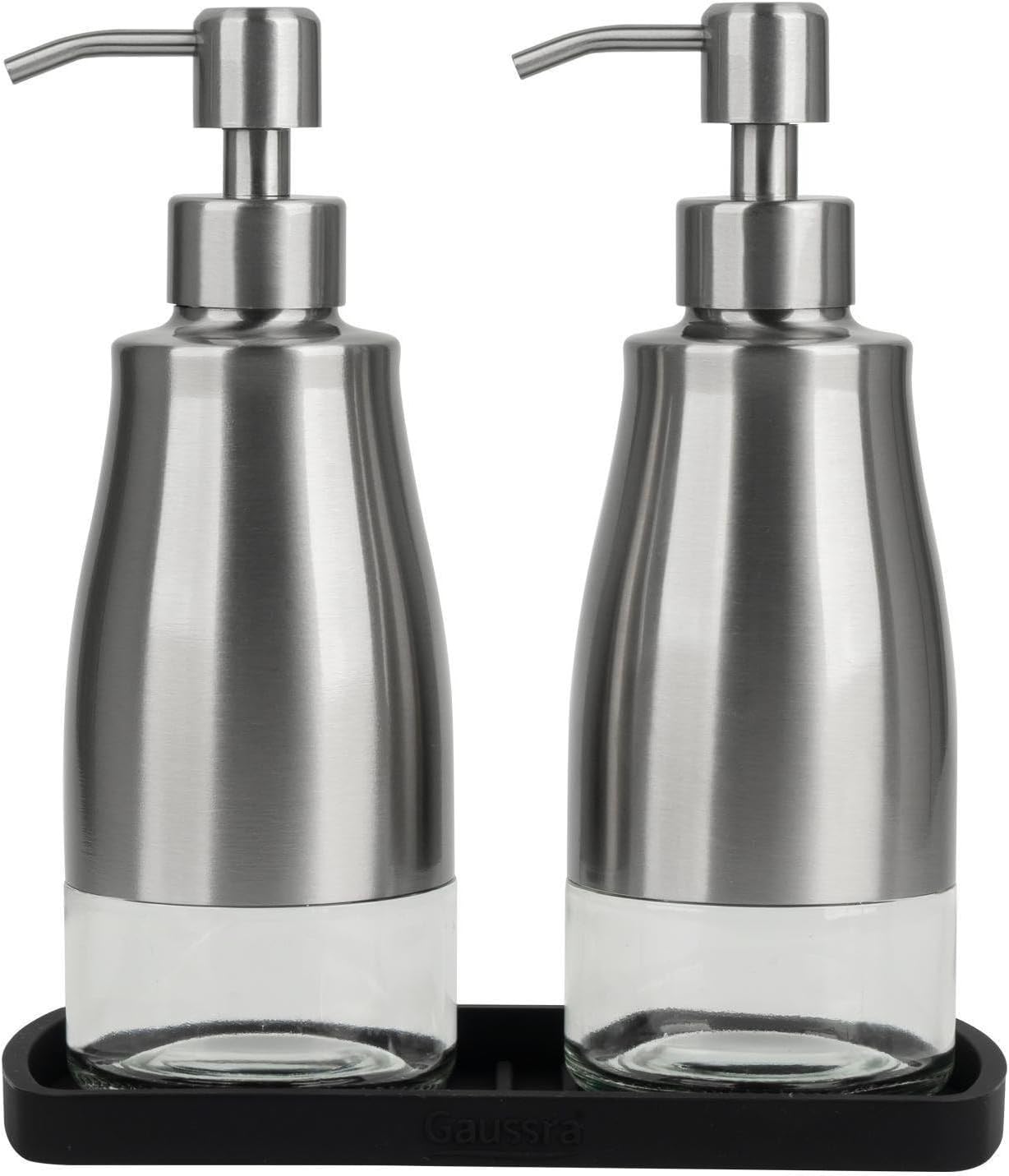 Kitchen Soap Dispenser Set with Silicone Tray and Stickers - Brushed Nickel, Stainless Steel Glass Soap Dispenser Bathroom, Refillable Hand Dish Soap Dispenser for Kitchen Sink