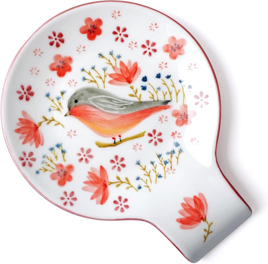 Hand Painted Spoon Rest, 5.5" Ceramic Spoon Holder for Stove Top and Kitchen Counter, Red Spring Bird Utensil Rest, Great Cooking Gifts for Bird Lover/Friend, Modern Kitchen Decorative