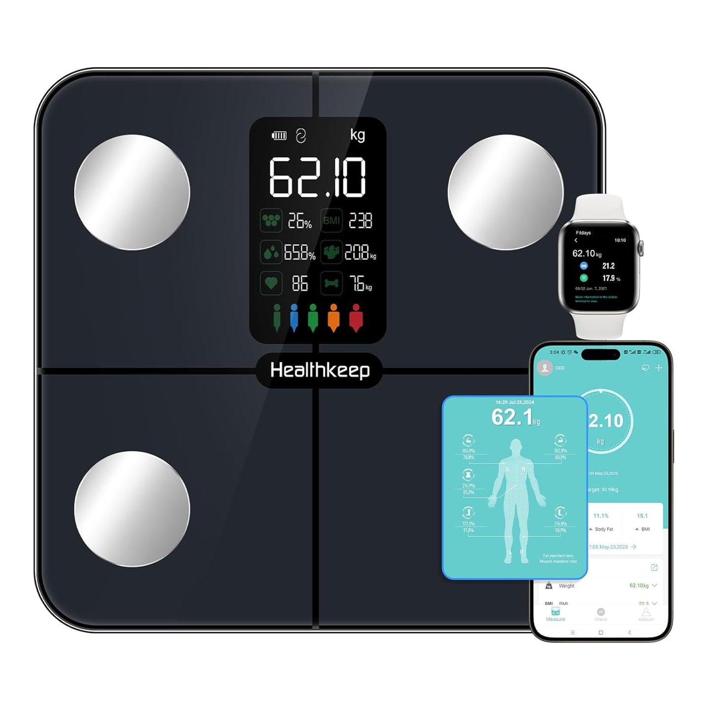 Digital Bluetooth Body Fat Scale – Ultra‑Precise Smart Bathroom Weight Scale with 15 Body Composition Metrics, Large Backlit Display, App Sync (Fitdays, Apple Health, Google Fit) & Multi‑User Profiles