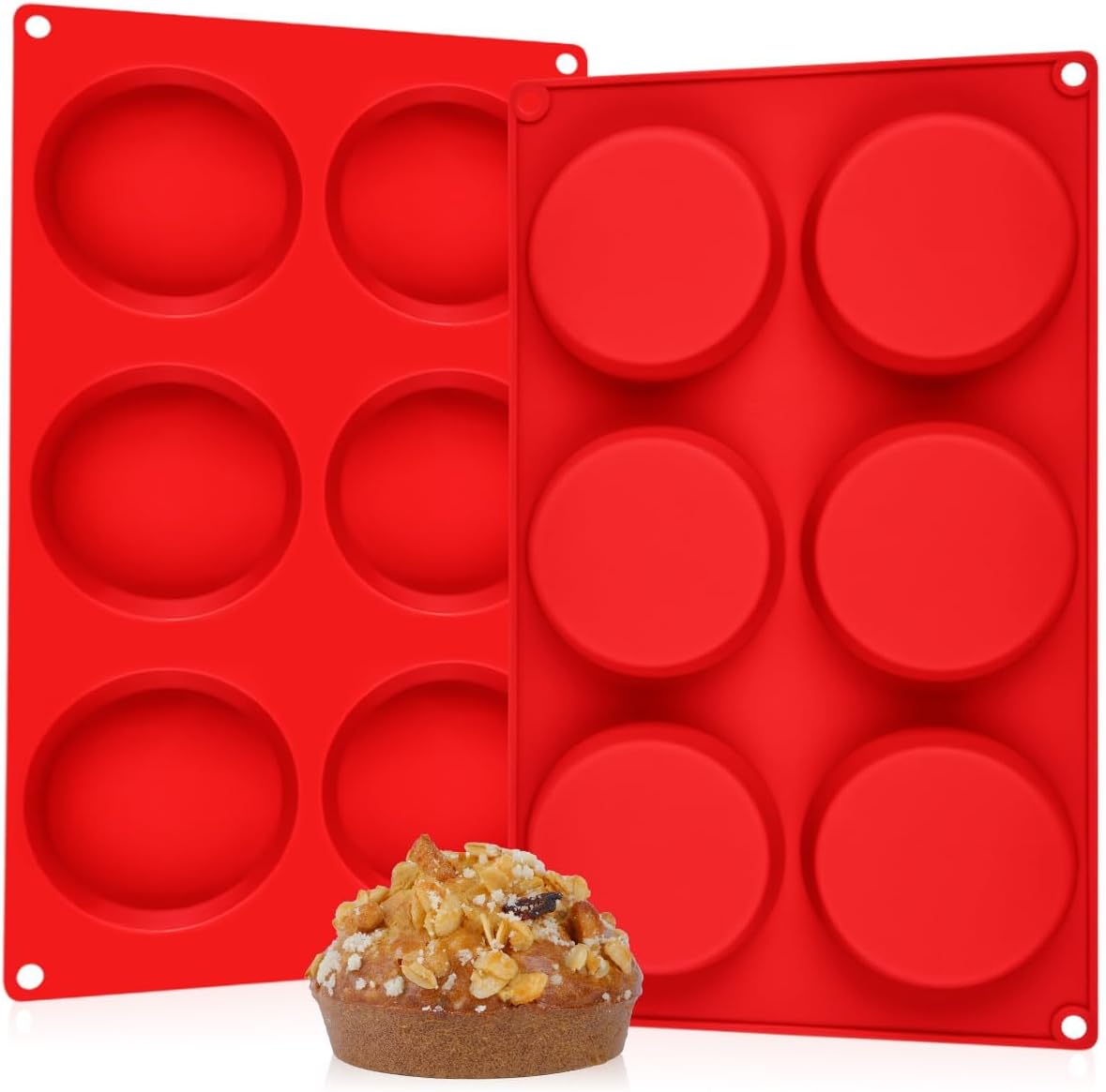 CAKETIME Muffin Top Pan, Silicone Molds for Breakfast Sandwiches, English Muffins, Whoopie Pies, Corn Bread, Egg Bites, Tarts - 2 Pack Red