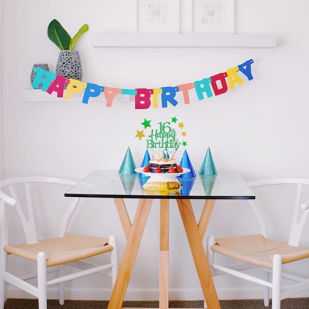 Glittery 16th Happy Birthday Cake Topper with Star,Personalised 16 Birthday Cake Toppers Party Decorations Party Supplies for Boys Girls Green Gold