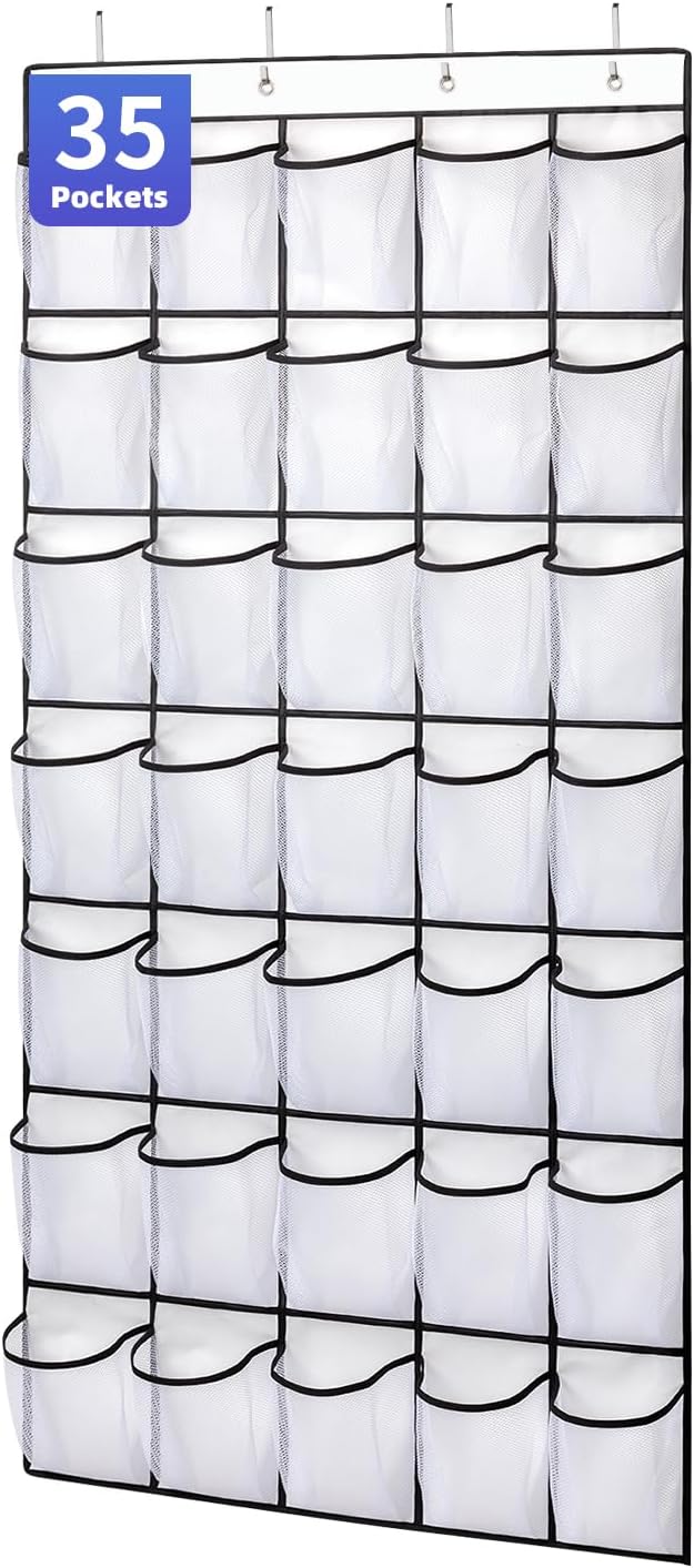 35 Pockets Over the Door Shoe Organizer, Hanging Shoe Organizer for Door with 35 Mesh Pockets Large Capacity Shoe Hanging Storage Bag with 4 Metal Hooks (White-1Pack)
