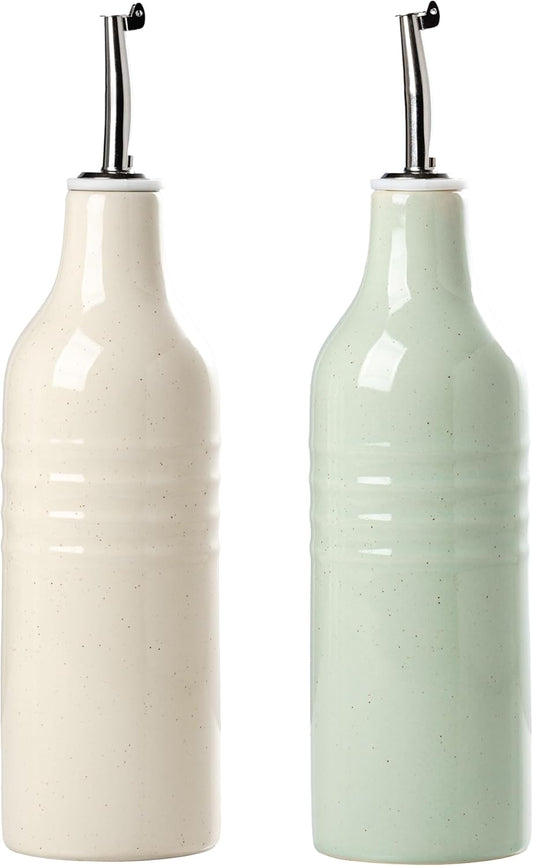 famiware Jupiter 16oz Ceramic Olive Oil Dispenser Bottle, Olive Oil and Vinegar Dispenser Bottle Set of 2 with Stainless Steel Pourers, Suitable for Storage Vinegar, Vanilla White & Light Green