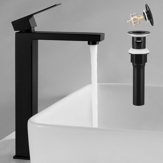 KES Vessel Sink Faucet, Black Bathroom Faucets, Tall Bathroom Faucets with Sink Drain with Overflow, L3156BLFF12-BK-C1