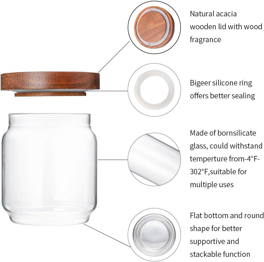 Glass Storage Containers Set of 4, 15 FL OZ High Borosilicate Glass Jars Kitchen Food Canisters with Acacia Wood Lids for Coffee Beans/Sugar/Tea/Nuts