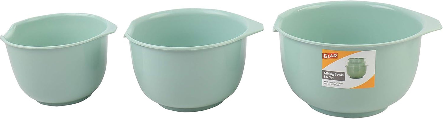 GLAD Mixing Bowls with Pour Spout, Set of 3 | Nesting Design Saves Space | Non-Slip, BPA Free, Dishwasher Safe Plastic | Kitchen Cooking and Baking Supplies, Sage Green