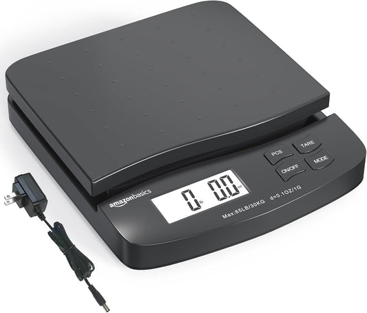 Amazon Basics Digital Postal Scale, AC Adapter, 65 lb Capacity, 0.1 oz Readability, Black