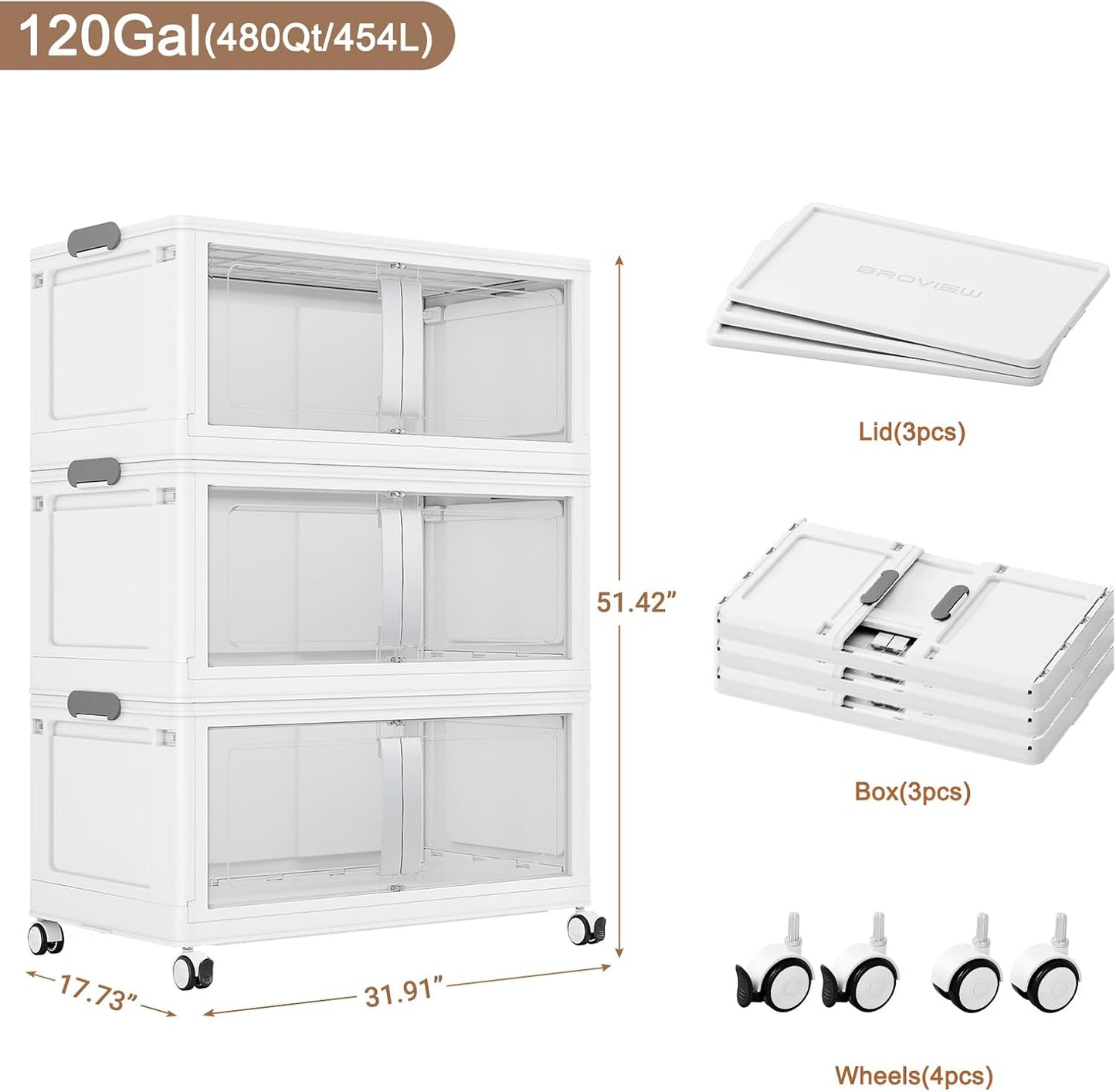480QT Stackable Storage Bins with Lids, 120Gal Extra Large Collapsible Storage Box with Wheel, Plastic Storages with Clear Door Open Front for Home Bedroom Garage, White-3pack(3 lids)