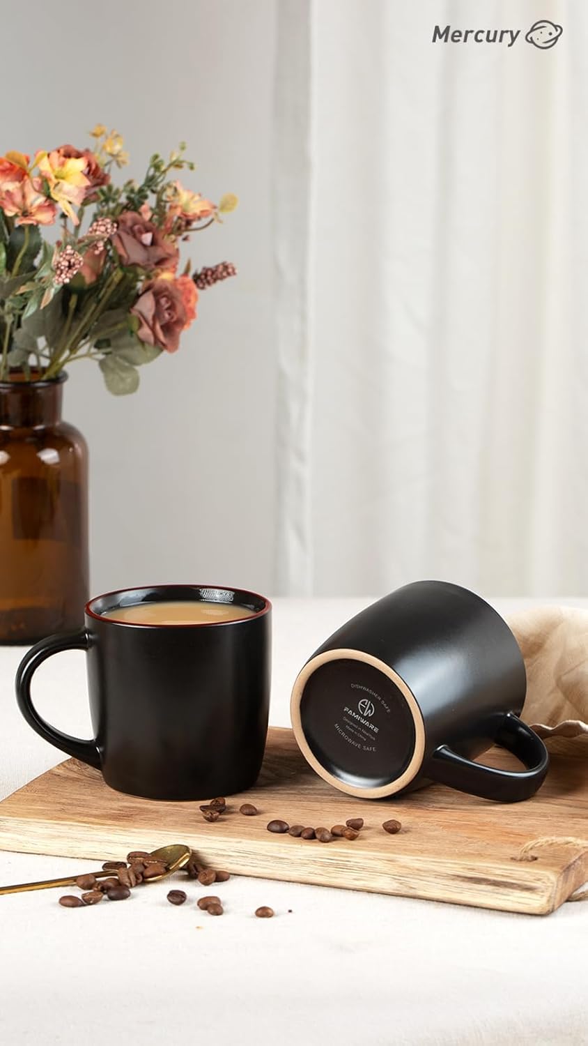 famiware Mercury Coffee Mugs 13 oz, Coffee Mugs Set of 6 with Handle, Cups for Latte, Hot Tea, Cappuccino, Mocha, Cocoa, Black