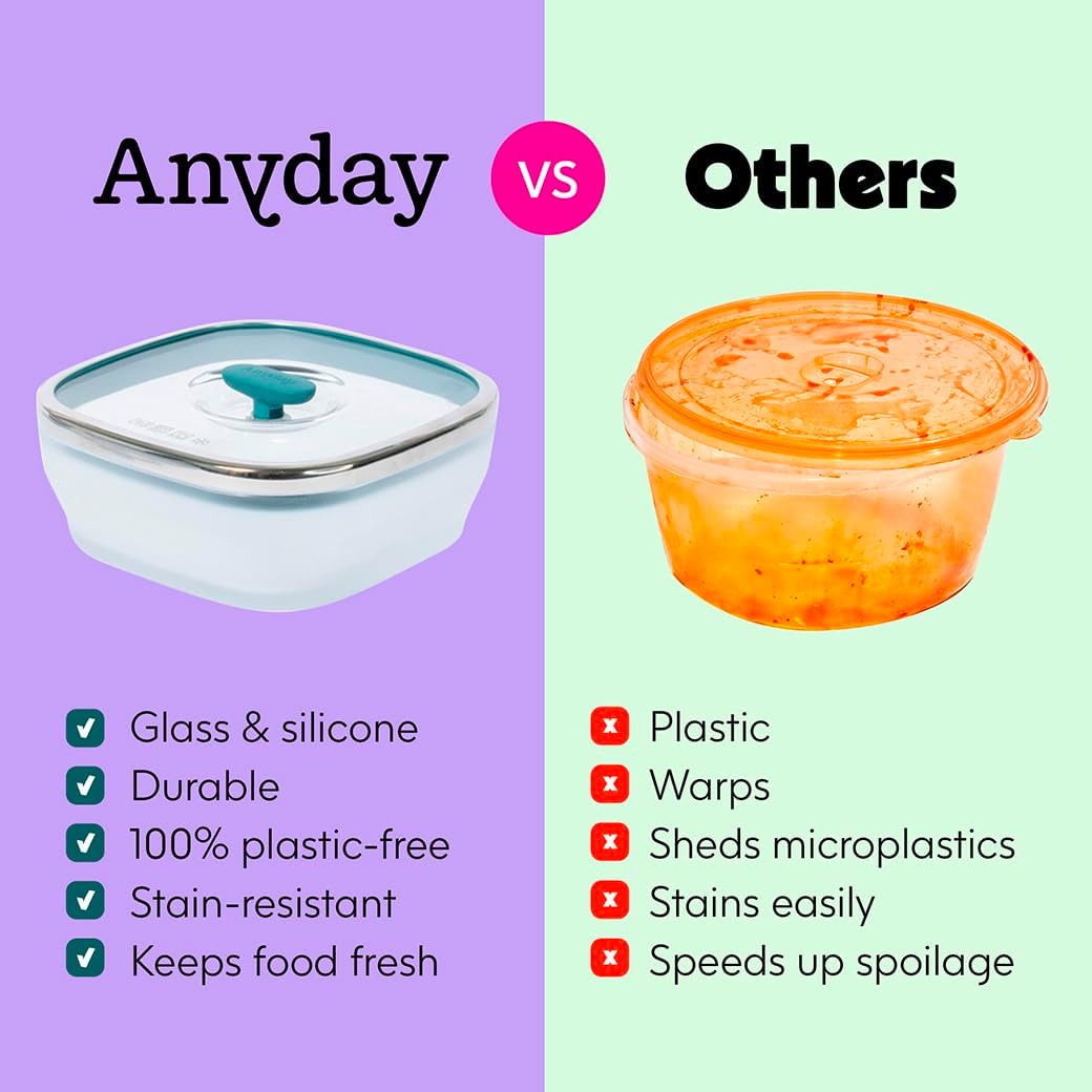 Anyday 10-Cup Square Glass Food Storage with Glass Lid | Plastic-Free Meal Prep & Microwave Cookware | Stackable Airtight Storage Container with Vented Lid for Microwave-Safe Reheating