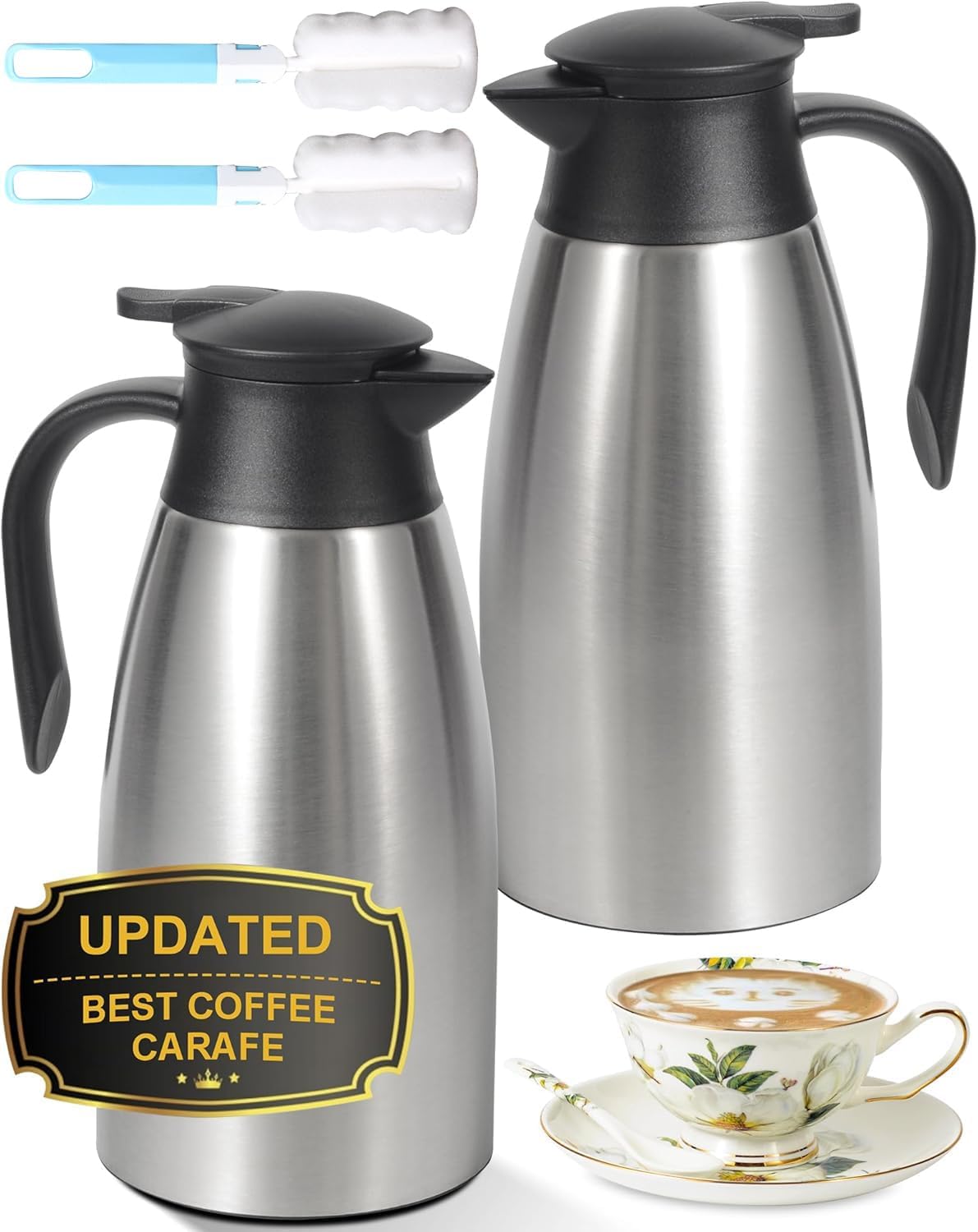70Oz Thermal Coffee Carafe for keeping hot, 2 PCS Updated Carafe for hot liquid, Insulated Coffee Carafe Stainless Steel Thermal Pot for Coffee, Hot Water,Keep Hot 12 Hours (silver+silver)