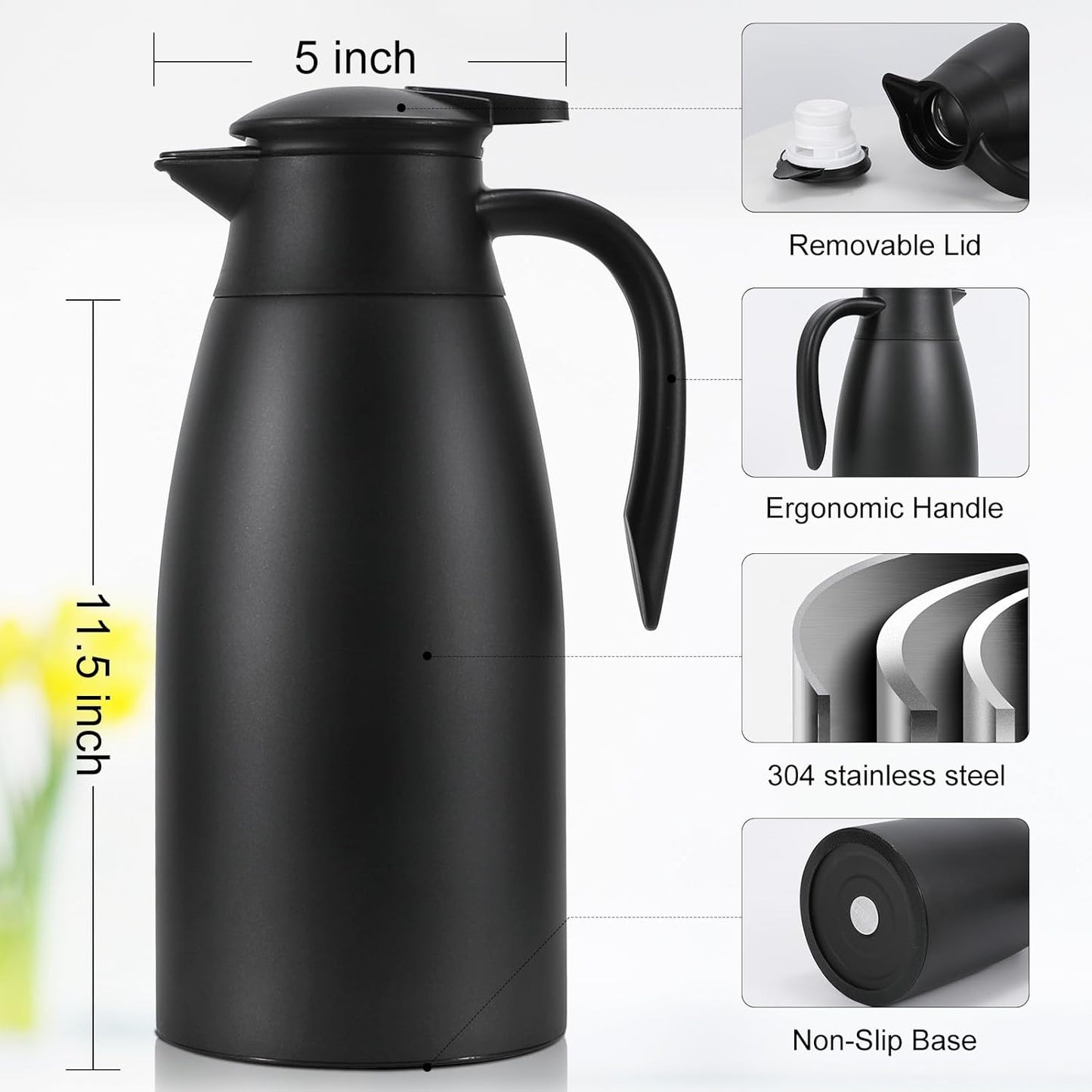 70 oz Thermal Coffee Carafe, Updated Insulated Stainless Steel Coffee Carafes for Keeping Hot Coffee & Water Hot Beverage-12Hours, Double Walled Vacuum Coffee Carafe (2black)