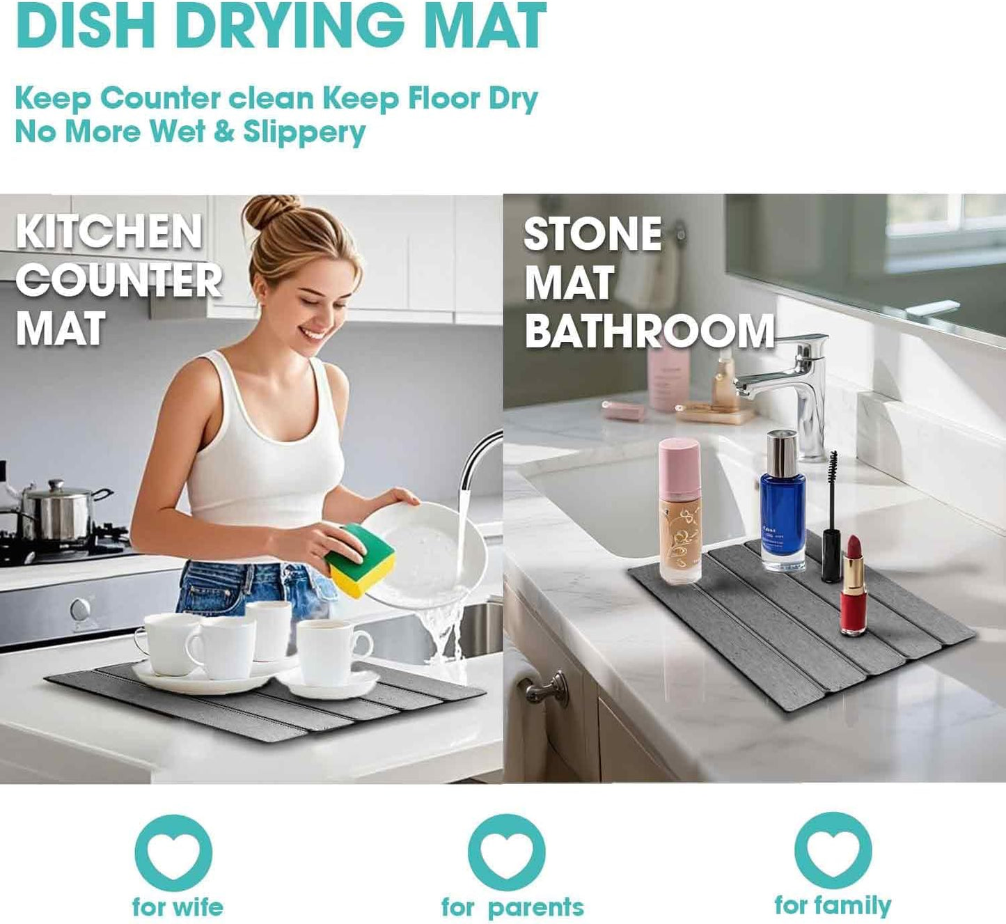 Dish Drying Mat Stone Bath Mat Diatomaceous Earth Stone Drying Mat For Kitchen Counter Sink Bath Mat Quick Dry Non Slip Foldable Dish Drying Rack Mat Small(16"×12" Dark Grey)