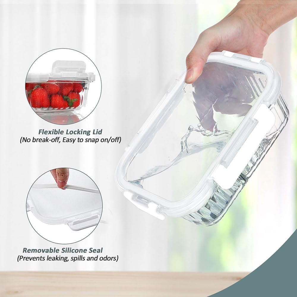 KOMUEE 10 Packs Glass Food Storage Containers Set, Glass Meal Prep Containers with Lids, Airtight Lunch Containers, Microwave, Oven, Freezer and Dishwasher Safe, White