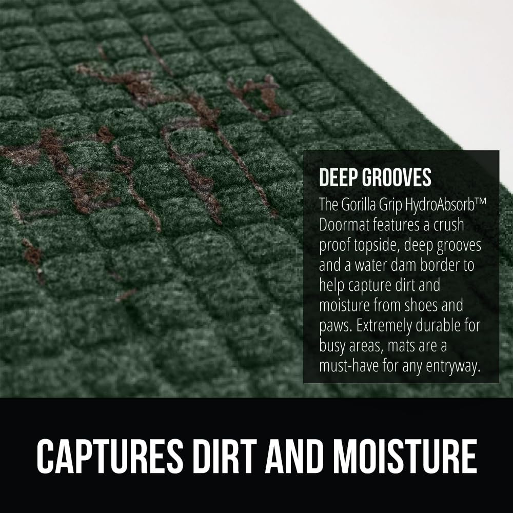 GORILLA GRIP Front Door Mat, Indoor Outdoor Ultra Absorbent HydroAbsorb Doormat, Absorbs Up to 1.7 Cups of Water, Stain and Fade Resistant, Rubber Backing Doormats, Captures Dirt, 29x17 Green