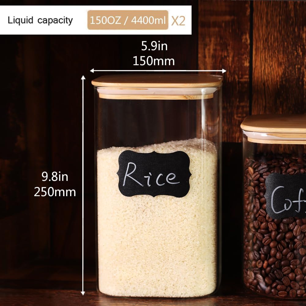 2 Pack 150 oz Glass Food Storage Containers, 1.2 Gallon Glass Flour and Sugar Containers with Airtight Lids, Large Flour Container for Sugar, Ground Coffee, Rice and Dry Food