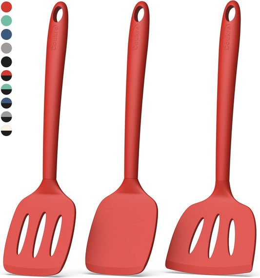 Coukre Silicone Spatula Set of 3, High Heat Resistant, BPA-Free, Kitchen Utensils, Fish Spatula, Solid & Slotted Turner for Non-Stick Pans, Flipping Eggs, Pancakes, Fish, Burgers (3, PureRed)