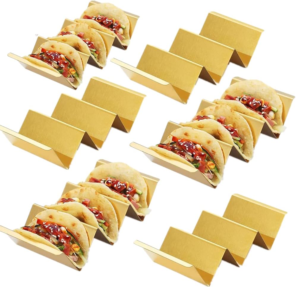 Gold Taco Holder Stand with Handles for Party, Set of 6 Stainless Steel Taco Tray, Rack Holds Up to 3 Tacos Each Stackable storage, Dishwasher Oven safe