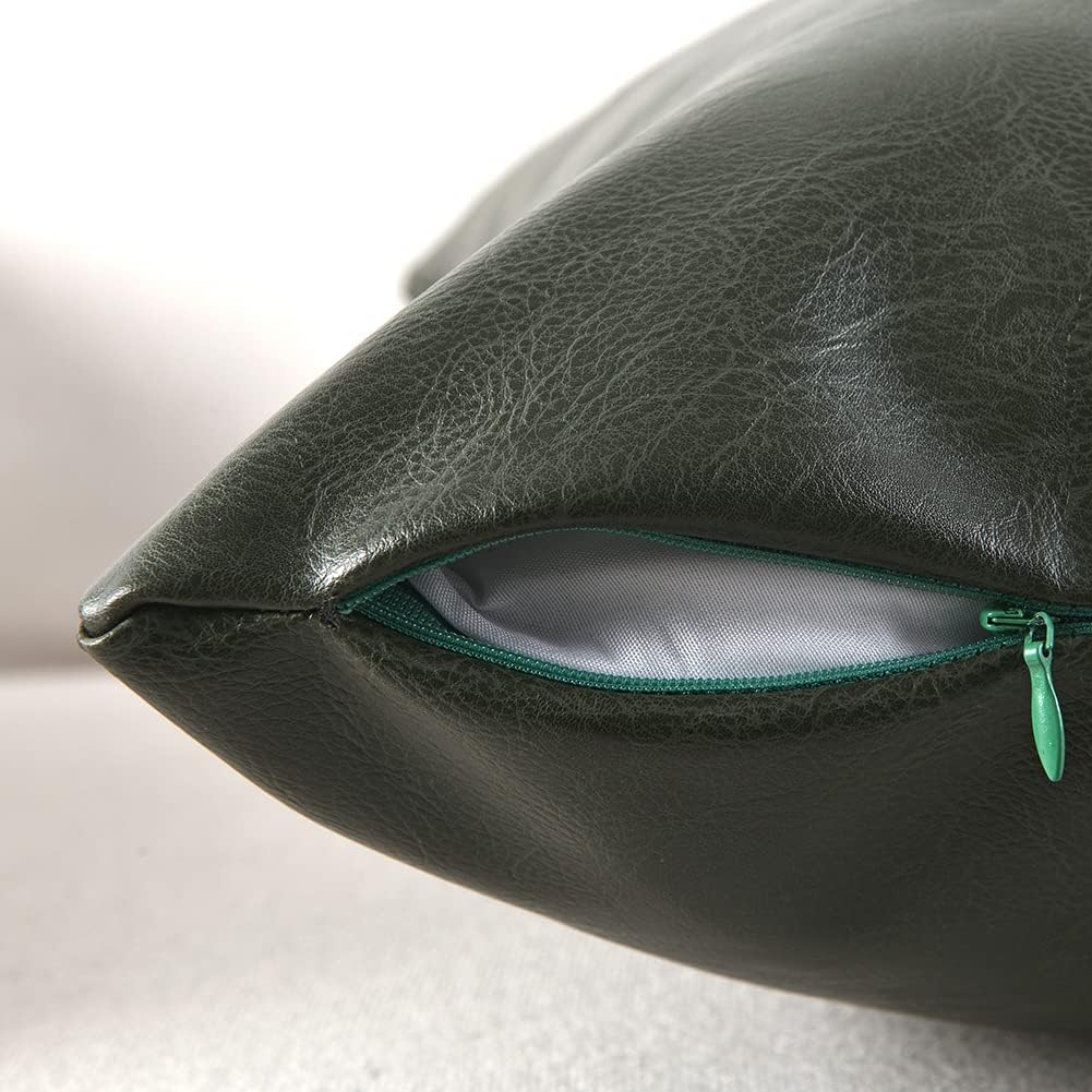 Fancy Homi Dark Green Long Lumbar Faux Leather Decorative Throw Pillow Covers 12x24 Inch for Living Room Couch Bed, Modern Farmhouse Boho Home Decor, Olive Green Hand Stitched Cushion Case 30x60 cm