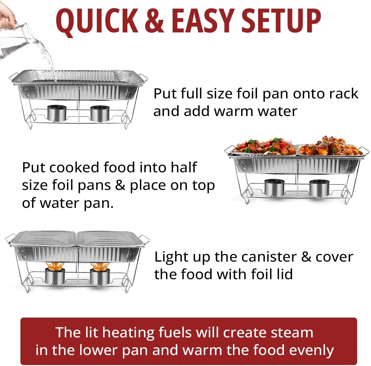 Disposable Chafing Dish Buffet Set, 33 Piece of Chafing Servers with Food Warmers, Covers, Half-Size Food Pans, Water Trays, Serving Utensils, Foil Lids and 4Hr Fuel Cans for Parties, Catering